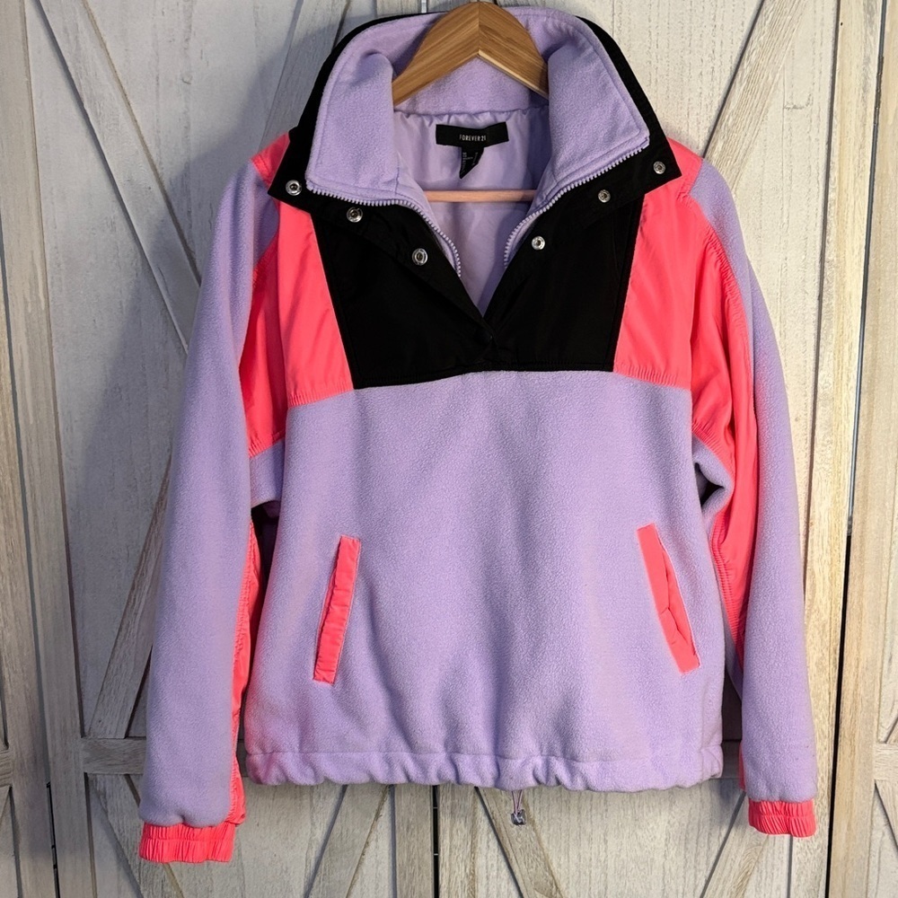 Forever 21 Retro Colorblock Fleece Anorak Pullover - Lilac & Coral - M